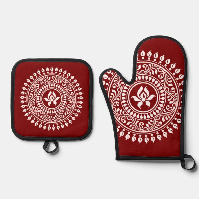 Red & White Festive Rangoli Oven Mitt & Pot Holder Set (Front)