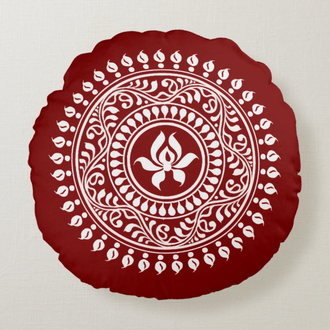 Red & White Festive Rangoli Round Cushion (Front)