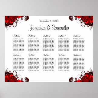 Red & White Floral 10 Wedding Table Seating Chart