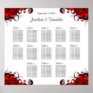 Red & White Floral 13 Wedding Tables Seating Chart