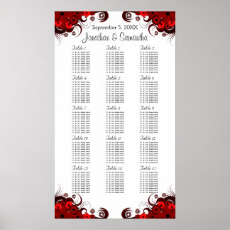 Red & White Floral 15 Wedding Tables Seating Chart