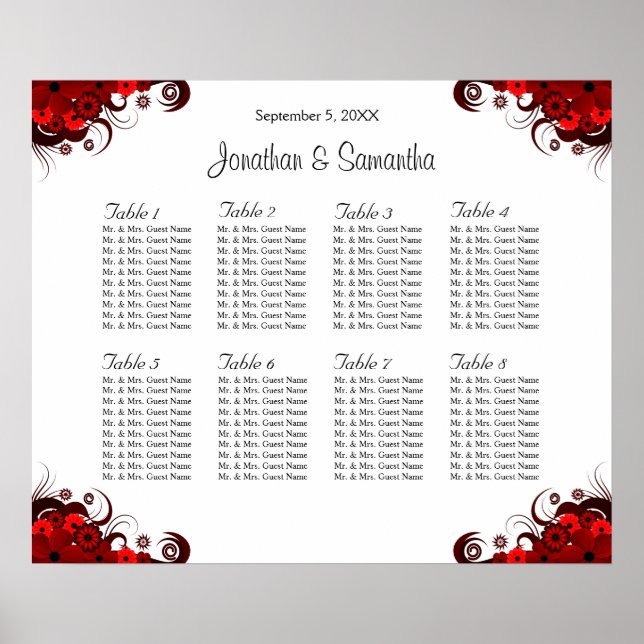 Red & White Floral 8 Wedding Tables Seating Charts (Front)