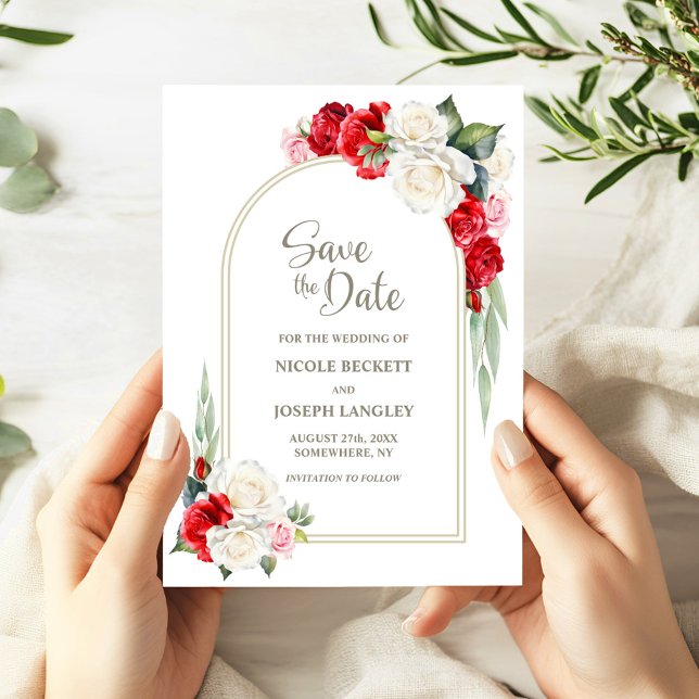 Red White Floral Arch Wedding Save the Date  (Creator Uploaded)