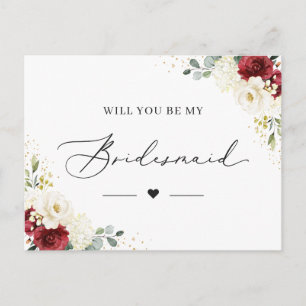 Red White Floral Be My Bridesmaid Proposal Card