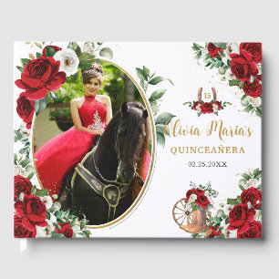 Red White Floral Charro Boots Quinceanera Photo Guest Book