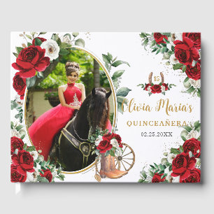 Red White Floral Charro Boots Quinceanera Photo Guest Book