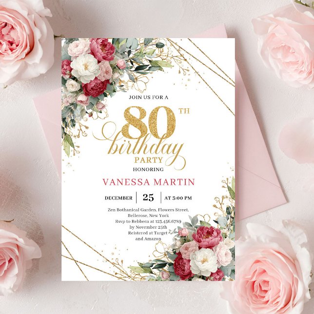 Red white floral chic 80th birthday invitation  (Red white floral chic 80th birthday invitation with gold

)
