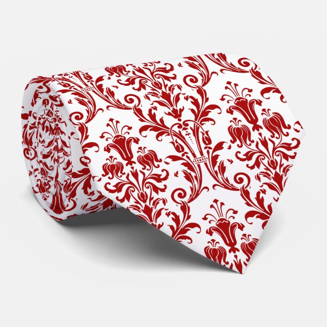 Red White Floral Damask Tie (Rolled)