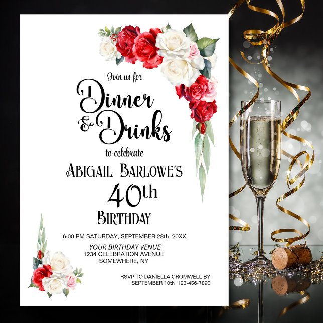 Red White Floral Dinner and Drinks 40th Birthday Invitation (Creator Uploaded)