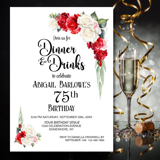 Red White Floral Dinner and Drinks 75th Birthday Invitation (Creator Uploaded)