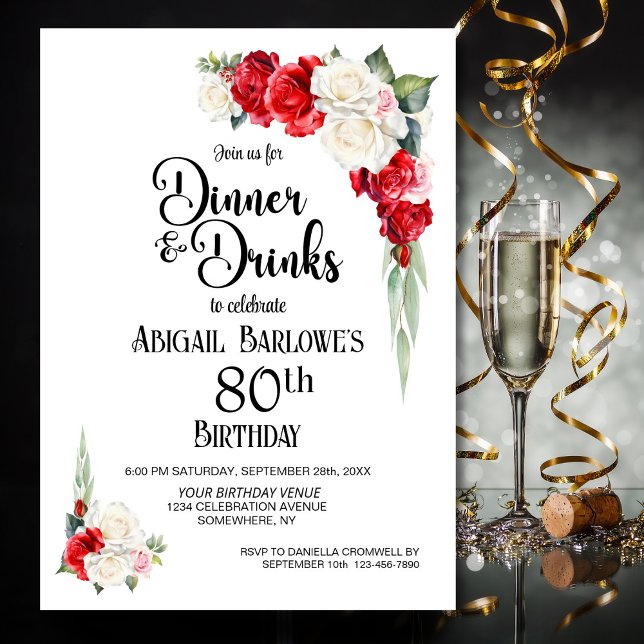 Red White Floral Dinner and Drinks 80th Birthday Invitation (Creator Uploaded)