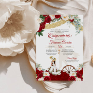Red White Floral  Elegant Gold Charro Quinceanera Invitation