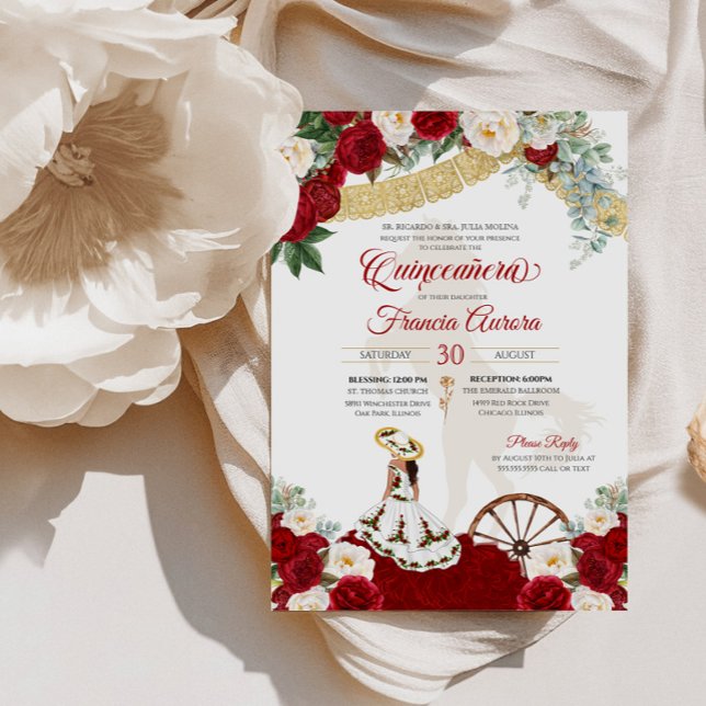 Red White Floral  Elegant Gold Charro Quinceanera Invitation (Creator Uploaded)