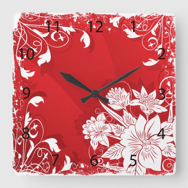 Red & White Floral Frame Square Wall Clock (Front)