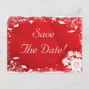 Red & White Floral Frame Wedding Save The Date Announcement Postcard
