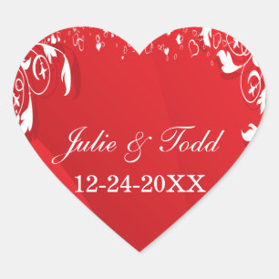 Red & White Floral Frame Wedding Save The Date Heart Sticker