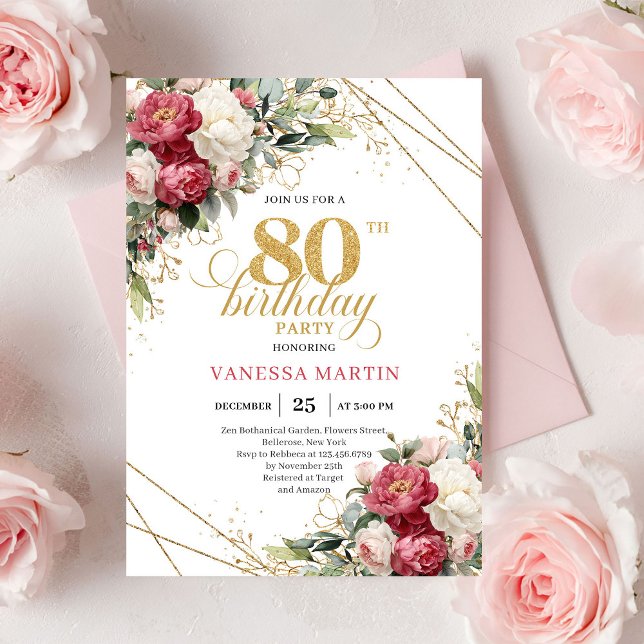 Red white floral gold accent card 80th birthday  (Red white floral gold accent card 80th birthday invitation

)