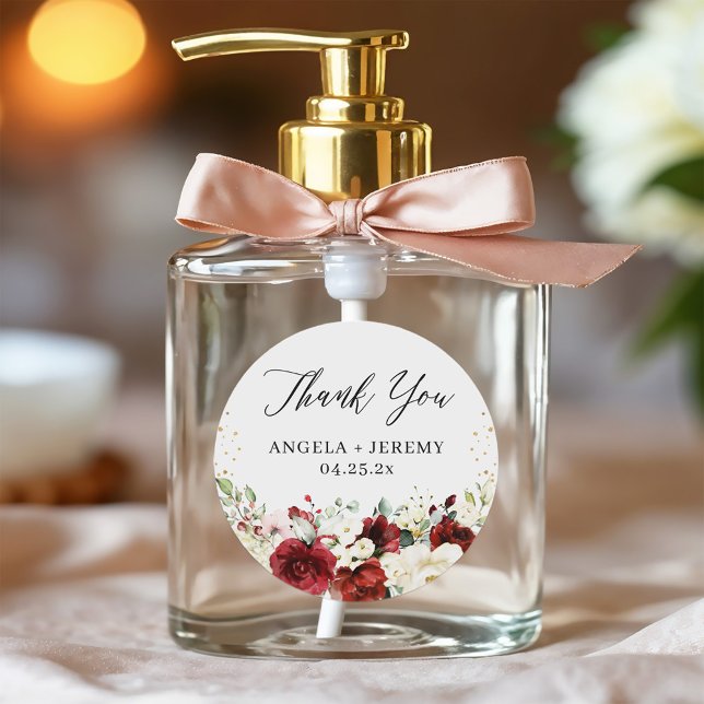 Red White Floral Gold Confetti Wedding Thank You Classic Round Sticker (Creator Uploaded)