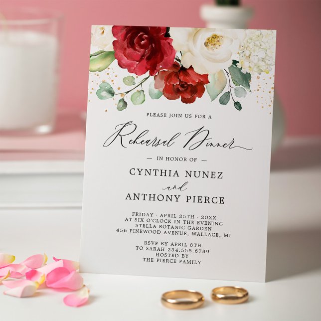 Red White Floral Gold Wedding Rehearsal Dinner Invitation (Creator Uploaded)
