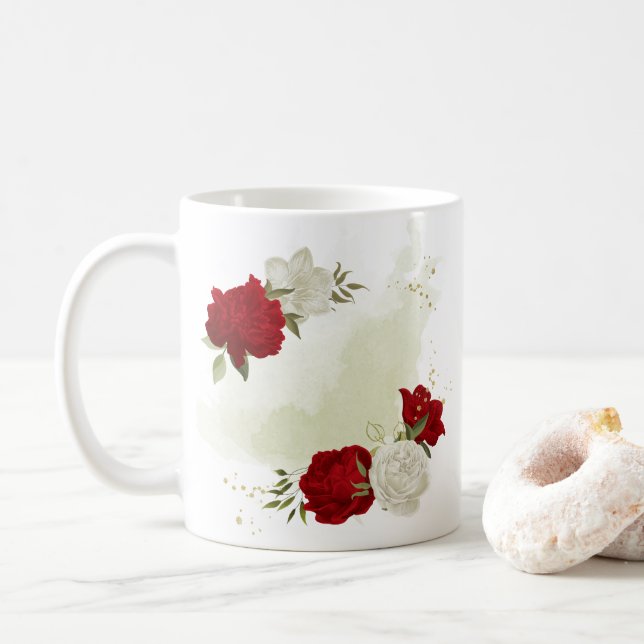 Red white floral greenery  coffee mug (With Donut)