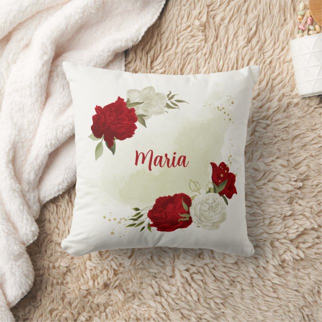 Red white floral greenery cushion (Blanket)