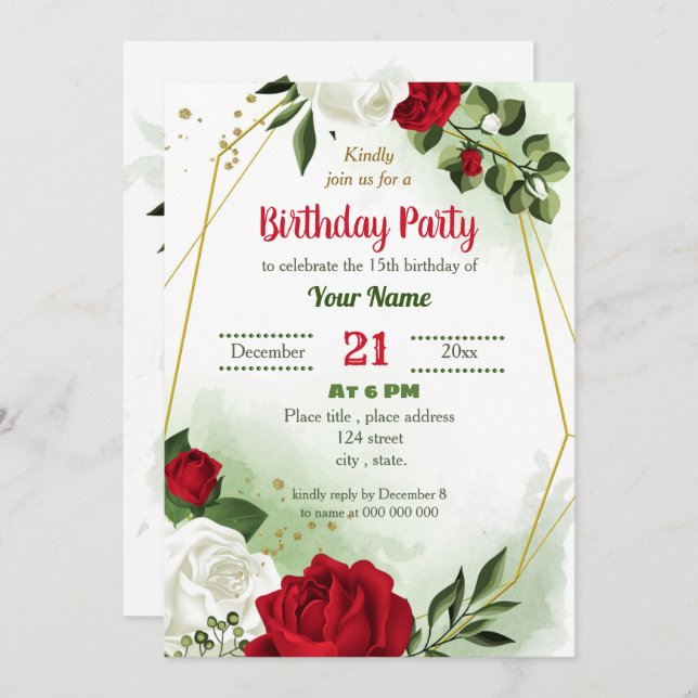 red white floral greenery geometric birthday party invitation (Front/Back)
