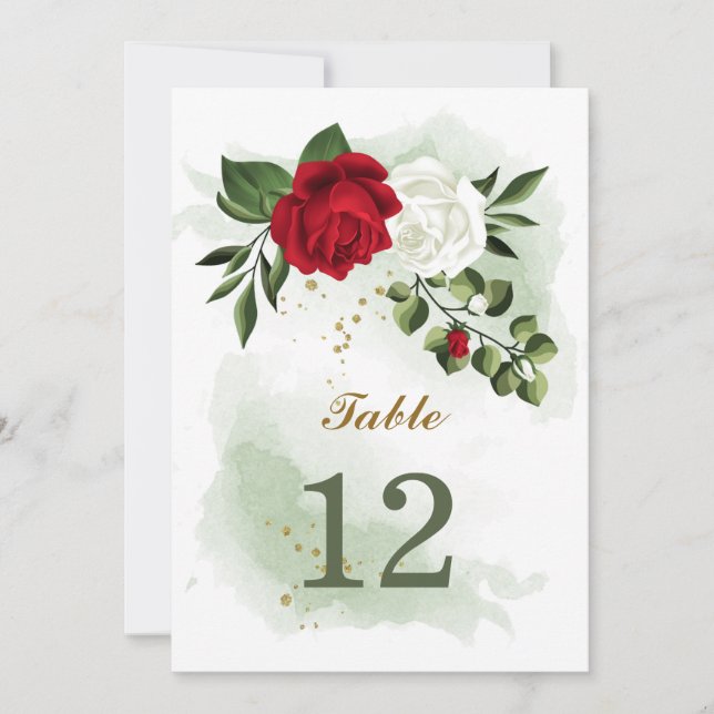 red white floral greenery table number (Front)
