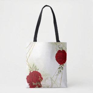 Red white floral greenery tote bag