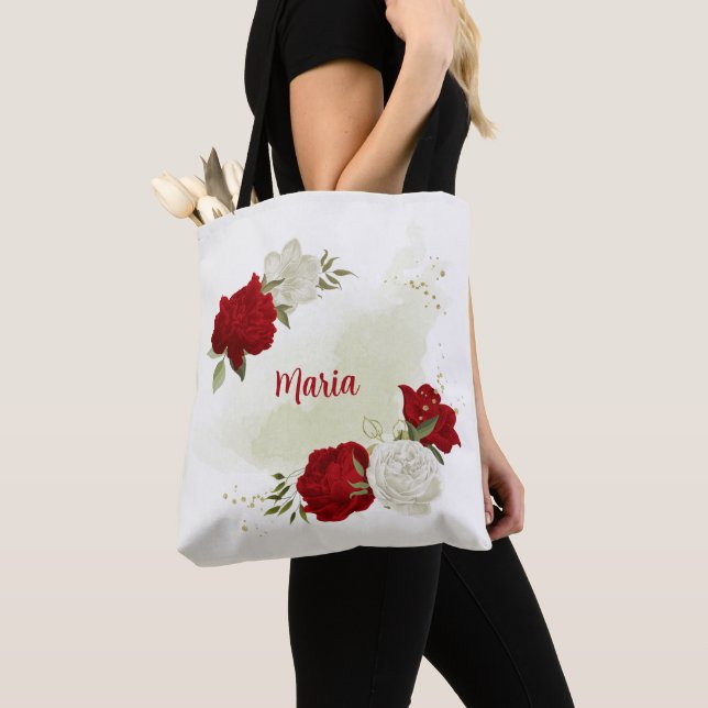 Red white floral greenery  tote bag (Close Up)