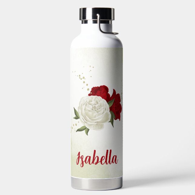 Red white floral greenery  water bottle (Left)