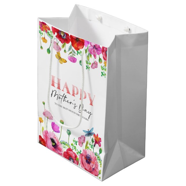Red White Floral Happy Mothers Greeting Card Medium Gift Bag (Front Angled)