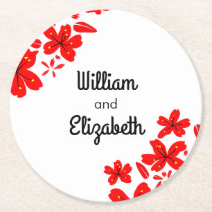Red & White Floral Round Paper Coaster
