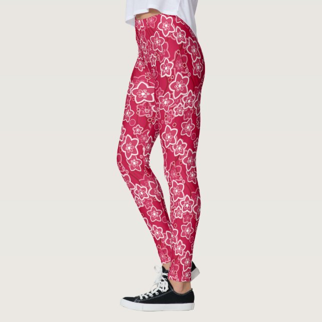 red white floral rustic fashion pattern retro leggings (Left)