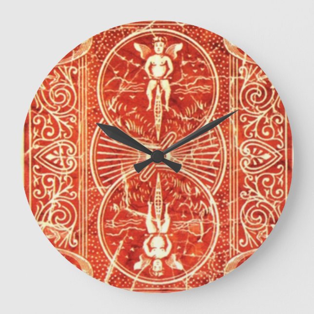 RED WHITE FLORAL SWIRLS AND ANGELS LARGE CLOCK (Front)