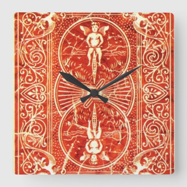 RED WHITE FLORAL SWIRLS AND ANGELS SQUARE WALL CLOCK (Front)