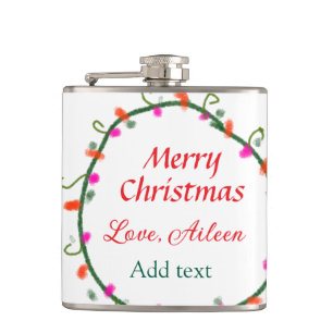 red white floral watercolor wreath merry Christmas Hip Flask