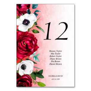 Red White Floral Wedding Table Number card