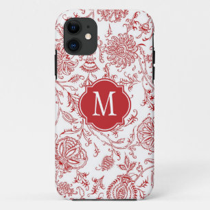 Red & White Flower Pattern Monogram Case-Mate iPhone Case