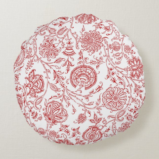 Red & White Flower Round Pattern Round Cushion (Back)