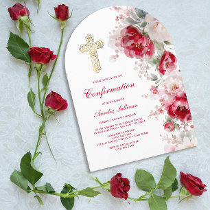 Red White Flowers Arch Confirmation Invitation