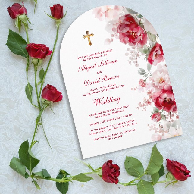 Red White Flowers Arch Religious Wedding Invitation (Creator Uploaded)
