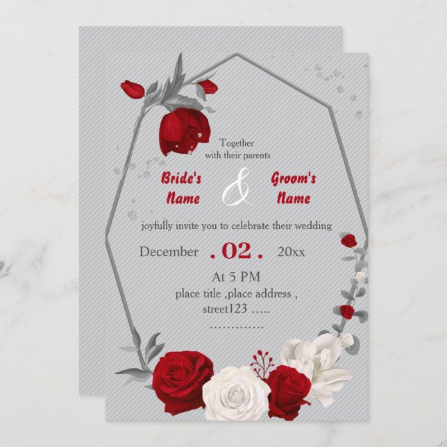 red & white flowers botanical geometric wedding invitation (Front/Back)