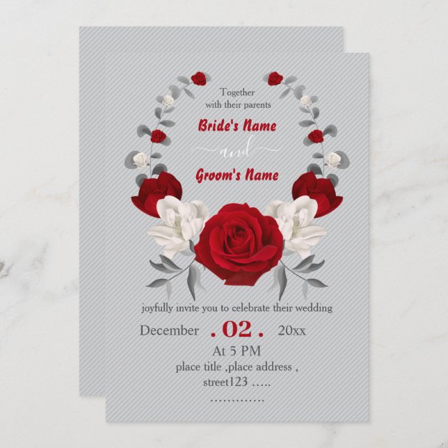 red & white flowers botanical wreath wedding invitation (Front/Back)