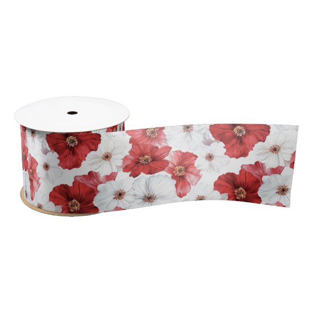 Red White Flowers Bridal Shower Satin Ribbon (Spool)