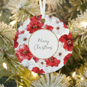 Red White Flowers Christmas Metal Tree Decoration