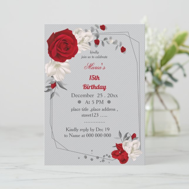 red & white flowers geometric birthday  invitation (Standing Front)