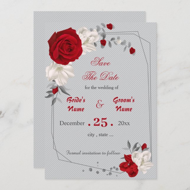 red & white flowers geometric save the date invitation (Front/Back)