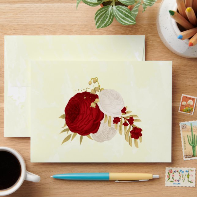red & white flowers gold botanical wedding envelope (Desk)