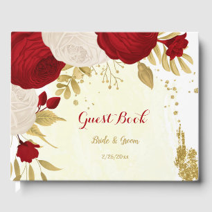 red & white flowers gold botanical wedding guest book