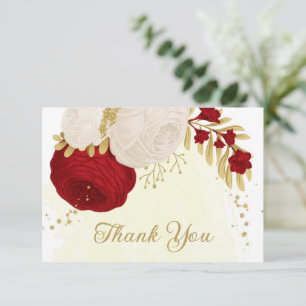 red & white flowers gold botanical wedding thank you card